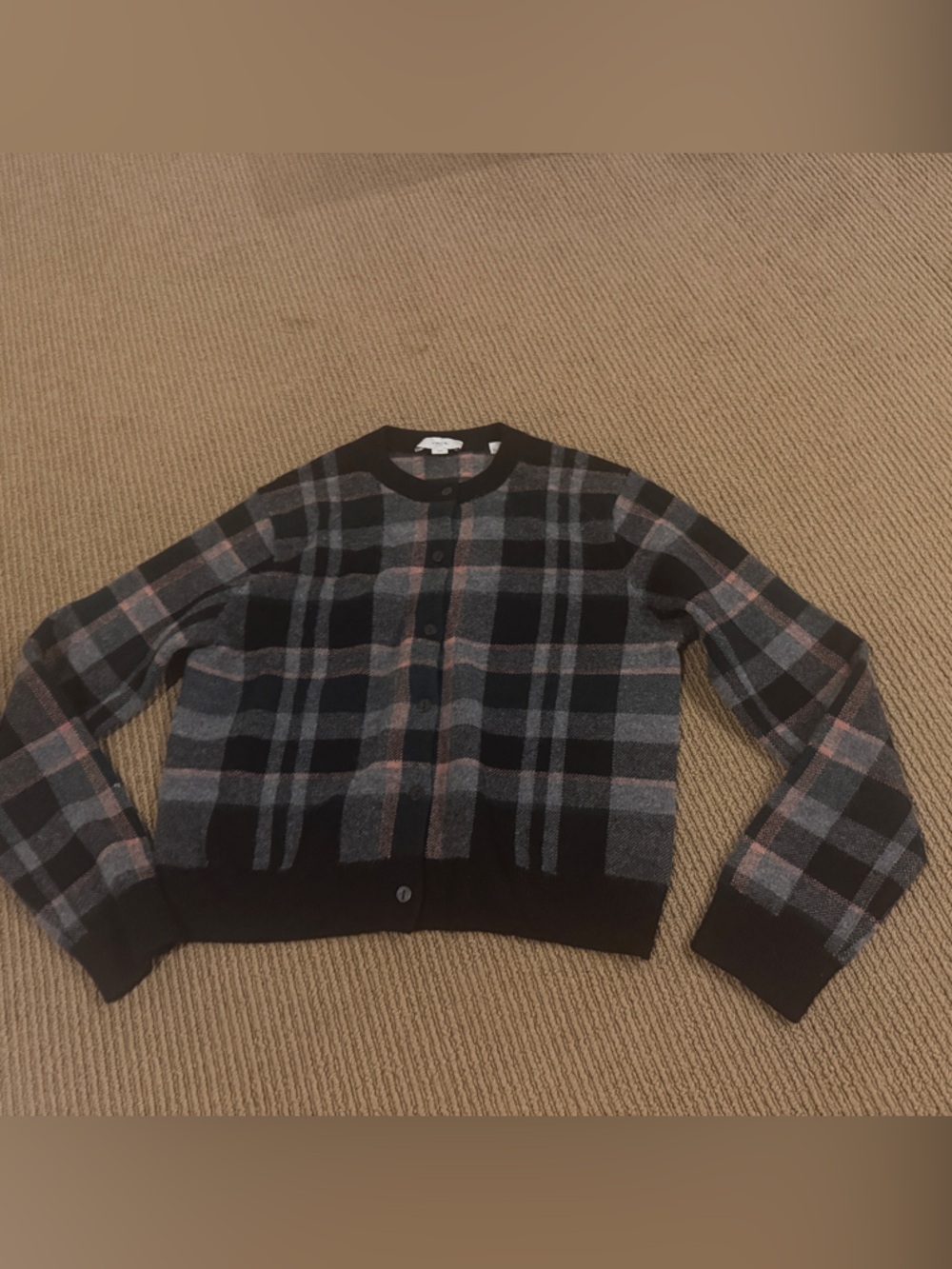 Vince Black Gray and Pink Plaid Wool Cardigan